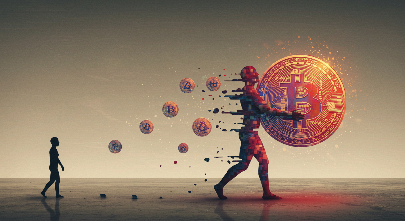 Digital artwork featuring a pixelated figure holding a large Bitcoin coin, with smaller Bitcoin coins disintegrating and floating away. A silhouette of a child approaches the figure against a dark-to-light gradient background, symbolizing themes of Bitcoin and human connection.