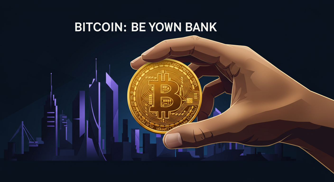 The image shows a hand holding a large gold coin, which has the Bitcoin symbol engraved on it. In the background, there's a cityscape with tall, modern buildings silhouetted against a dark sky. The text at the top says "BITCOIN: BE YOWN BANK," emphasizing the idea of Bitcoin as a decentralized currency that allows individuals to manage their own financial assets without relying on traditional banks. It's a creative visual representation of Bitcoin's core philosophy!