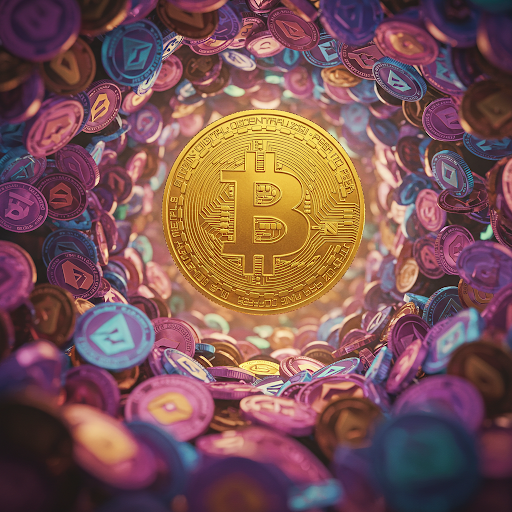 The image depicts a single Bitcoin logo, rendered in a realistic, metallic gold color, standing out prominently against a chaotic backdrop of numerous other colorful cryptocurrency logos. The Bitcoin logo is positioned centrally, suggesting its dominance and unique identity. The other logos form a swirling, almost vortex-like pattern around it, creating a sense of movement and dynamism. This visual representation effectively conveys the message that Bitcoin is distinct from other cryptocurrencies, emphasizing its pioneering status and individuality.