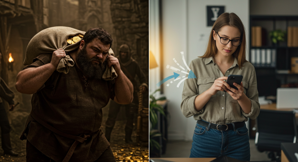 A person carrying a bag of gold vs. another person sending Bitcoin via smartphone.