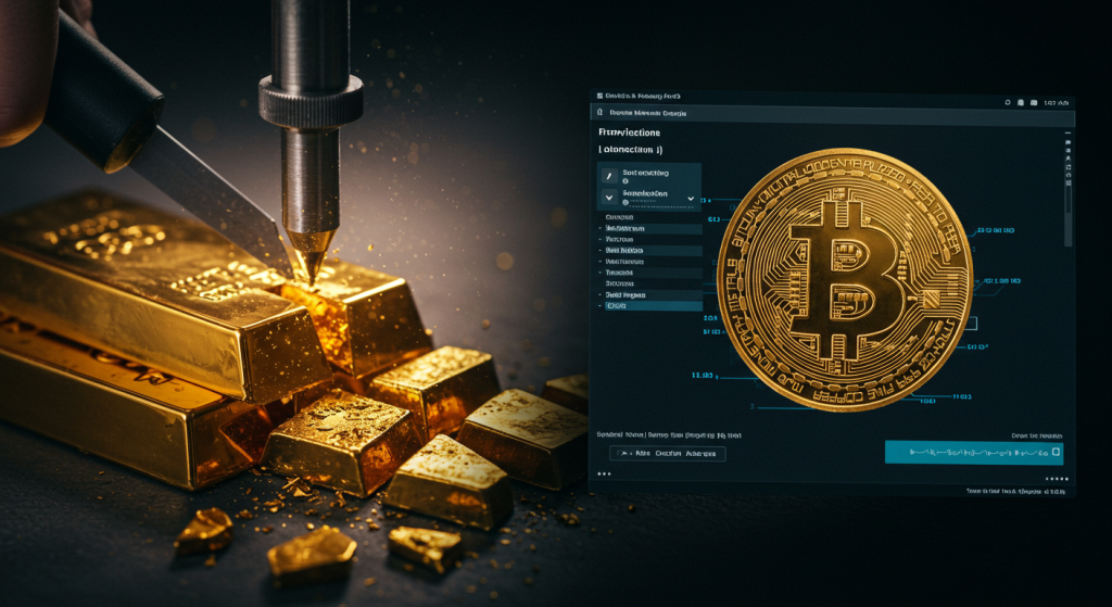 A bar of gold being cut into pieces vs. a Bitcoin transaction showing fractional satoshis.
