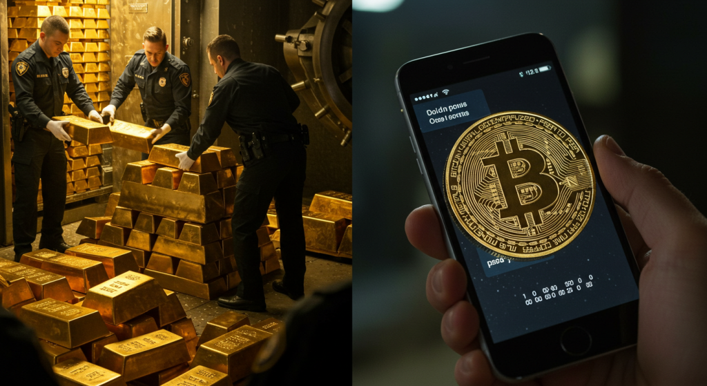 Government agents confiscating gold vs. Bitcoin stored in a cold wallet protected by a passphrase.