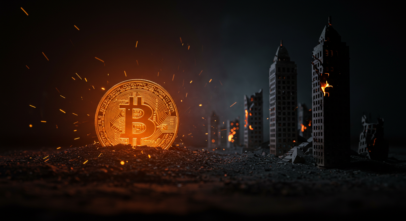 A battlefield with two sides: one side digital and glowing (Bitcoin), the other gray and crumbling (fiat towers).