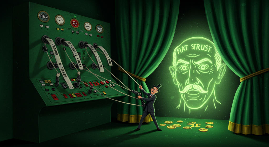 Stylized illustration of a central banker pulling levers behind a large green curtain, with a glowing projection of authority in front. The levers represent financial controls like inflation and interest rates. Inspired by The Wizard of Oz, the image symbolizes the hidden manipulation behind the illusion of monetary stability.