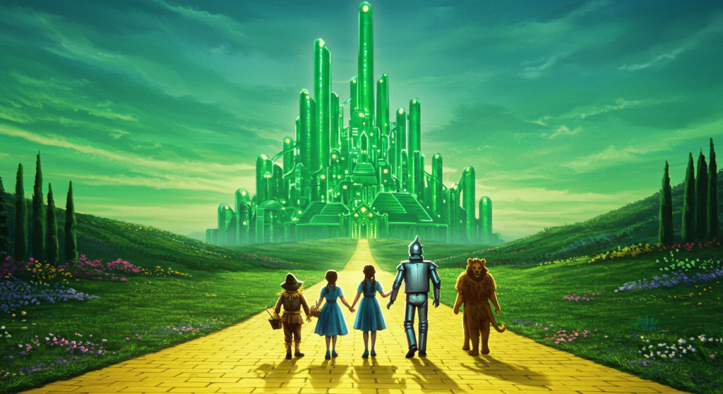 Silhouettes of Dorothy, Scarecrow, Tin Man, and Lion walking along the yellow brick road toward a glowing Emerald City with tall, whimsical spires in the distance under a bright sky.