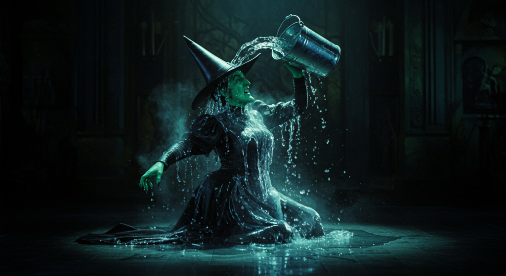 Dramatic scene of a Wicked Witch melting as a glowing bucket of water is thrown on her. The witch’s form is dissolving into steam and puddles, symbolizing the collapse of coercive power. The water glows with light, representing transparency and truth. Inspired by The Wizard of Oz, with a caption: “Transparency is the water that melts coercion.”