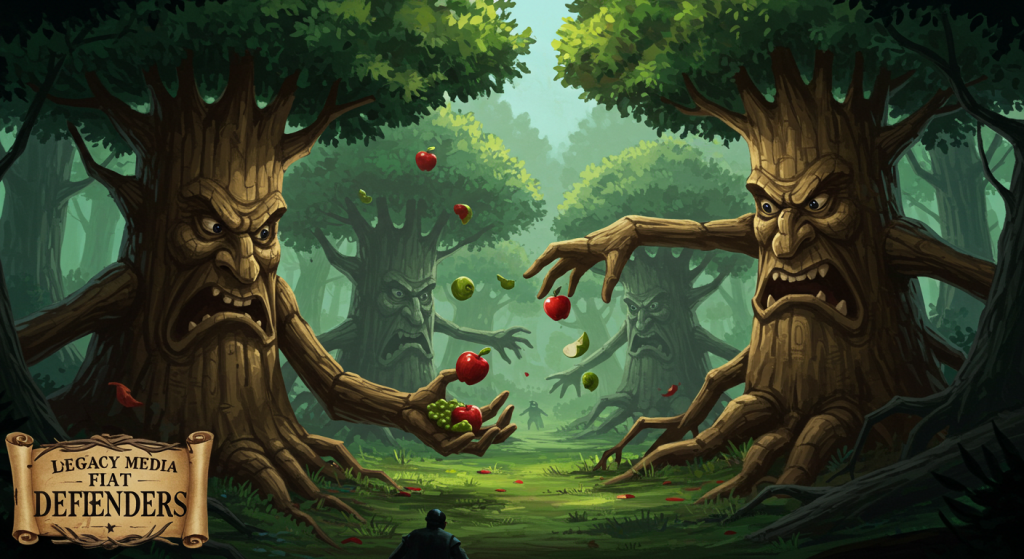 Angry, anthropomorphic trees throw apples in a dark forest, symbolizing legacy media and fiat defenders lashing out, with subtle labels integrated into the scene. Inspired by The Wizard of Oz.