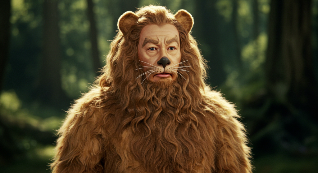 Realistic portrait of the Cowardly Lion from the 1939 Wizard of Oz film, showing a man in a detailed lion costume with a full mane and expressive eyes conveying timidity and longing for courage, standing in a forest with sunlight filtering through the trees.