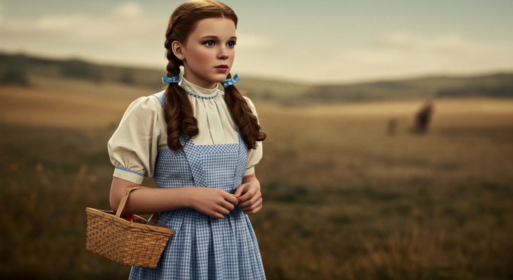 Realistic portrait of Dorothy from the 1939 Wizard of Oz film, featuring her braided hair with blue ribbons, wearing a blue gingham dress and holding a basket, set against a softly lit Kansas farm background. The image captures the nostalgic and earnest spirit of the classic movie.