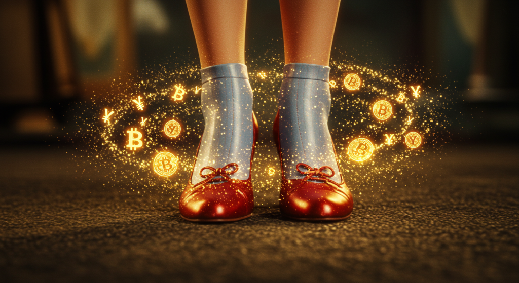 Close-up of Dorothy’s ruby slippers clicking together, surrounded by magical golden sparkles with subtle Bitcoin and faint fiat symbols shimmering within. The scene evokes the classic Wizard of Oz moment, reimagined with the quote “There’s no place like Bitcoin,” symbolizing the journey from old money to financial freedom.