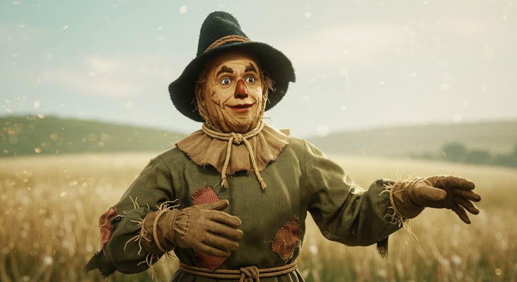 Realistic portrait of the Scarecrow from the 1939 Wizard of Oz film, dressed in tattered burlap stuffed with straw, wearing a floppy hat, with a gentle and hopeful expression, standing in a farm field under soft daylight.