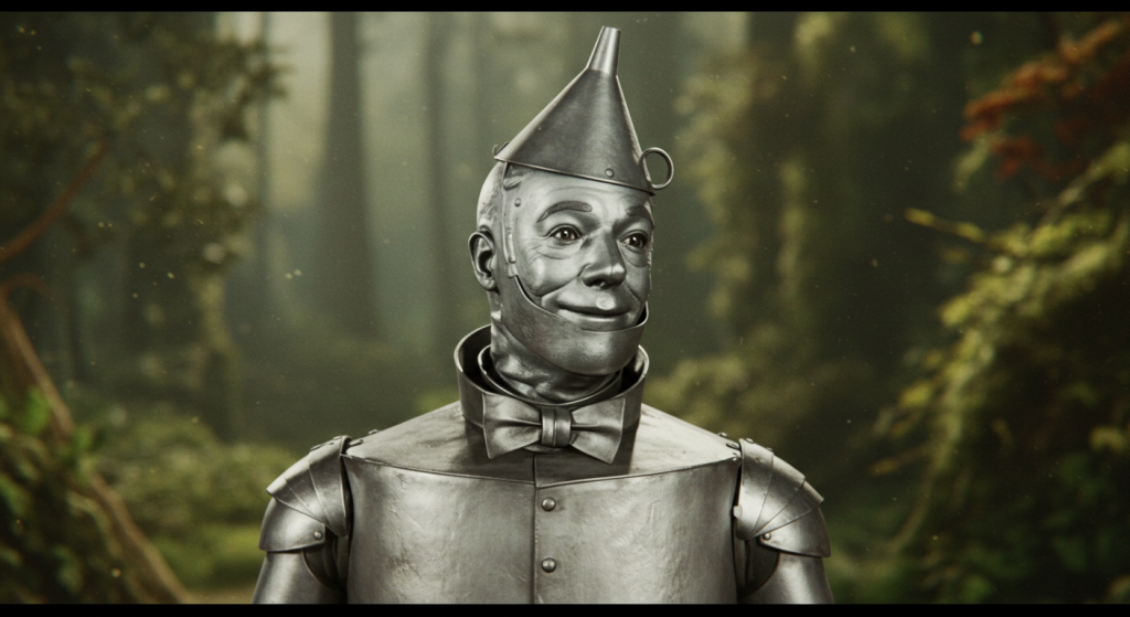 Realistic portrait of the Tin Man from the 1939 Wizard of Oz film, depicted as a man covered in silvery metal with visible joints and rivets, wearing a funnel hat, standing in a softly lit forest clearing, expressing a wistful longing for a heart.