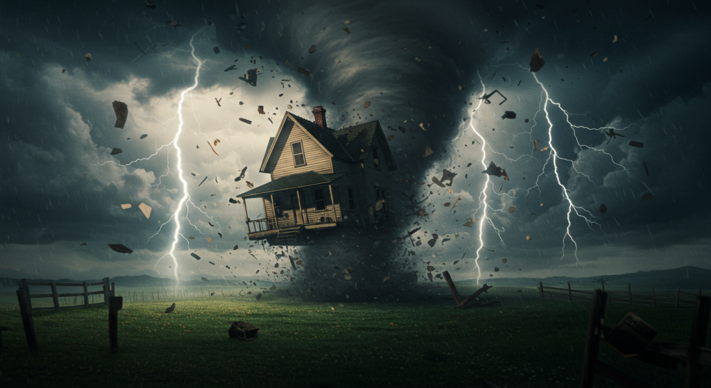 A farmhouse spins inside a dark tornado, surrounded by flying debris and flashing lightning. The scene symbolizes sudden crisis and awakening, with a caption space reading: “The crisis that shakes you awake.” Inspired by The Wizard of Oz