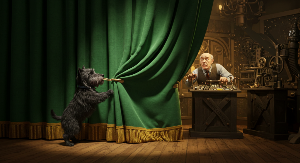 Toto, the small black terrier from The Wizard of Oz, stands on his hind legs pulling open a large green curtain with his mouth. Behind the curtain, a nervous man operates levers and machinery that create the Wizard’s illusion, revealing the truth hidden from view. The scene has a soft, nostalgic lighting evoking the classic 1939 film.