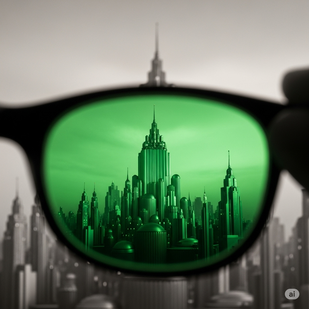 Close-up of vintage green-tinted glasses held up before a whimsical Emerald City with Art Deco spires. The city outside the lenses appears muted and desaturated, while through the glasses it glows bright green and softly blurred, illustrating an illusion of distorted perception.