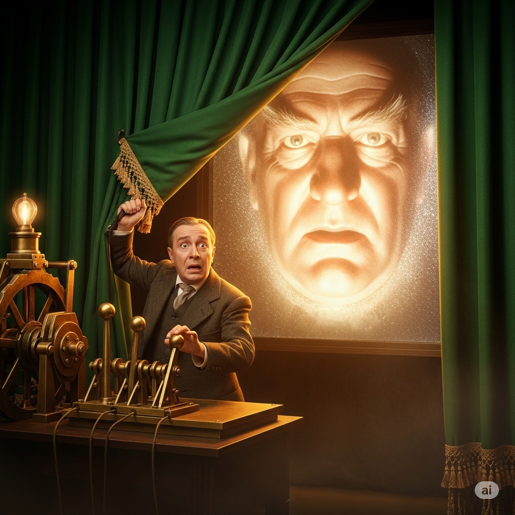 The iconic scene from The Wizard of Oz showing a small man operating levers and machinery behind a large green curtain, with part of the curtain pulled back to reveal the truth behind the intimidating projection of the Wizard’s face. Symbolizes the exposure of false authority and illusion.