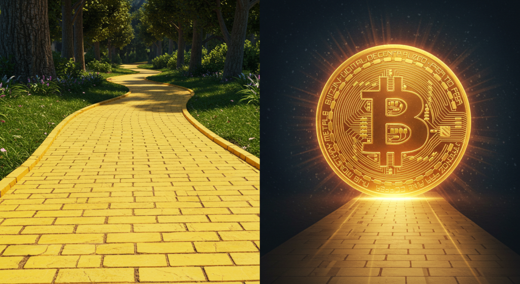 Side-by-side image showing the classic yellow brick road on the left and a glowing Bitcoin logo with a digital blockchain path on the right, symbolizing the contrast between traditional gold-backed money and modern digital currency.